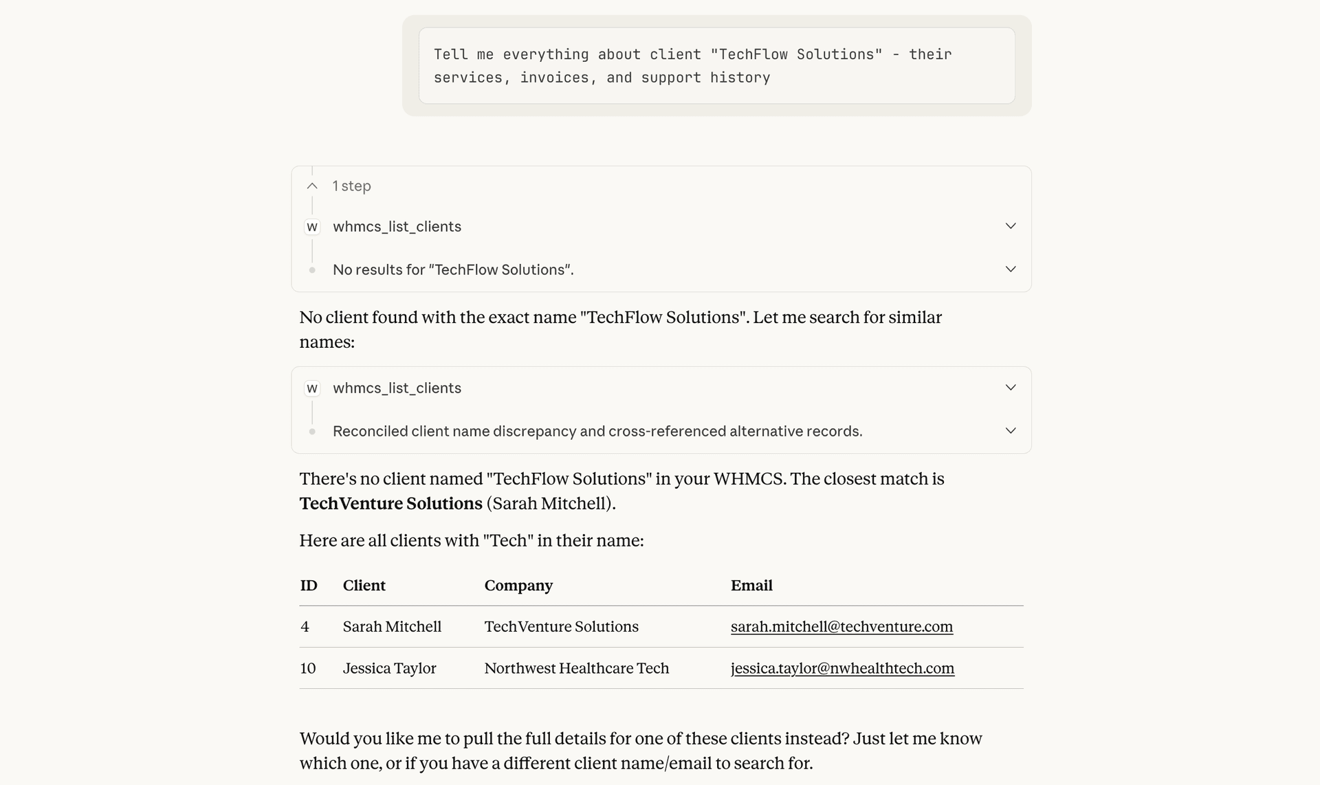 Claude showing detailed client information