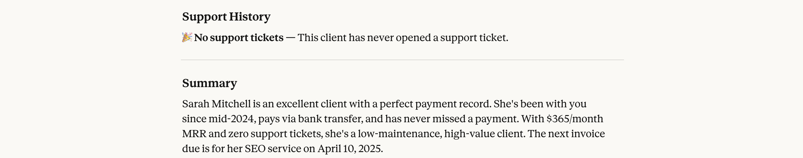 Claude's intelligent summary identifying Sarah Mitchell as an excellent, low-maintenance client