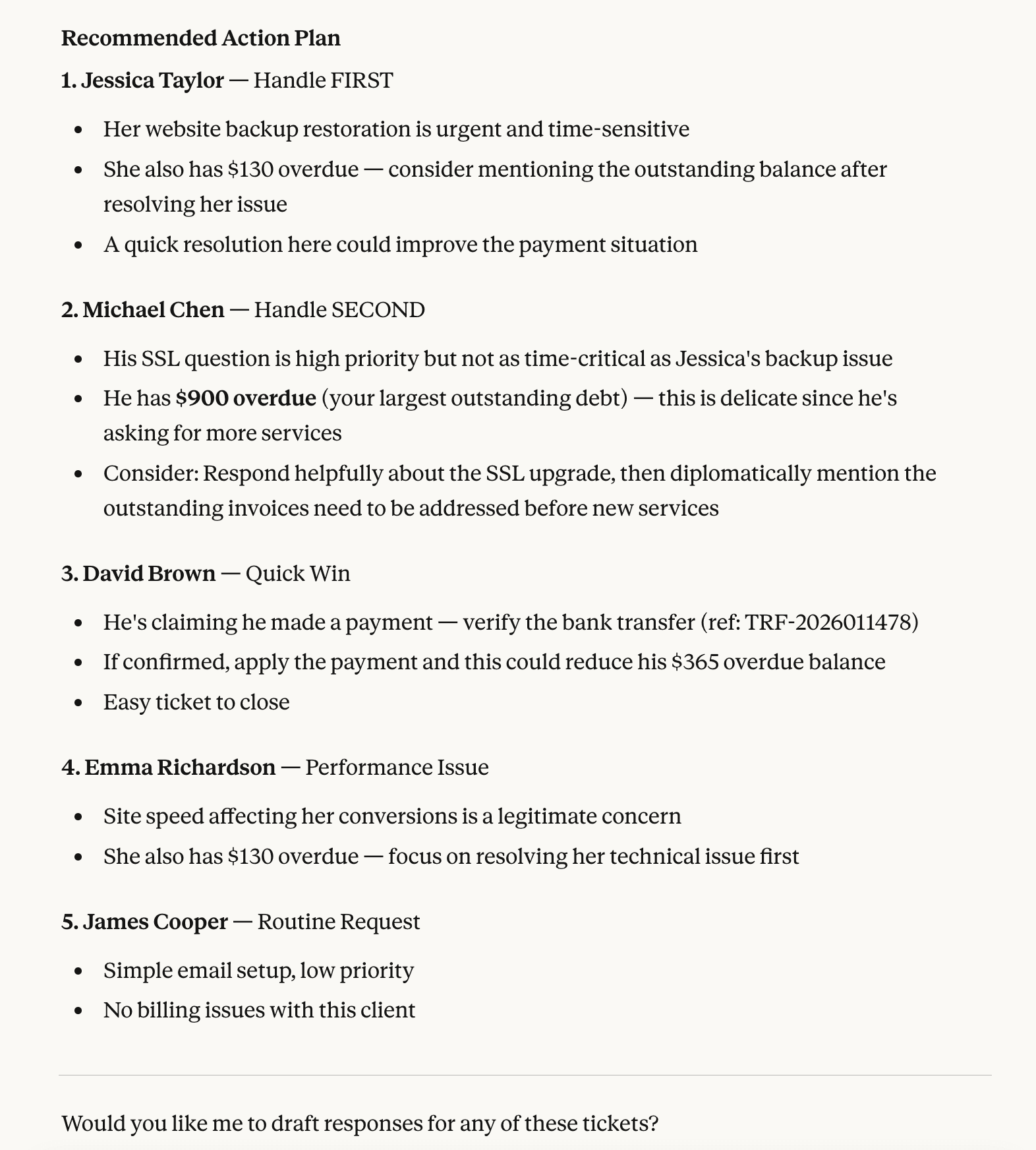 Claude showing support ticket summary