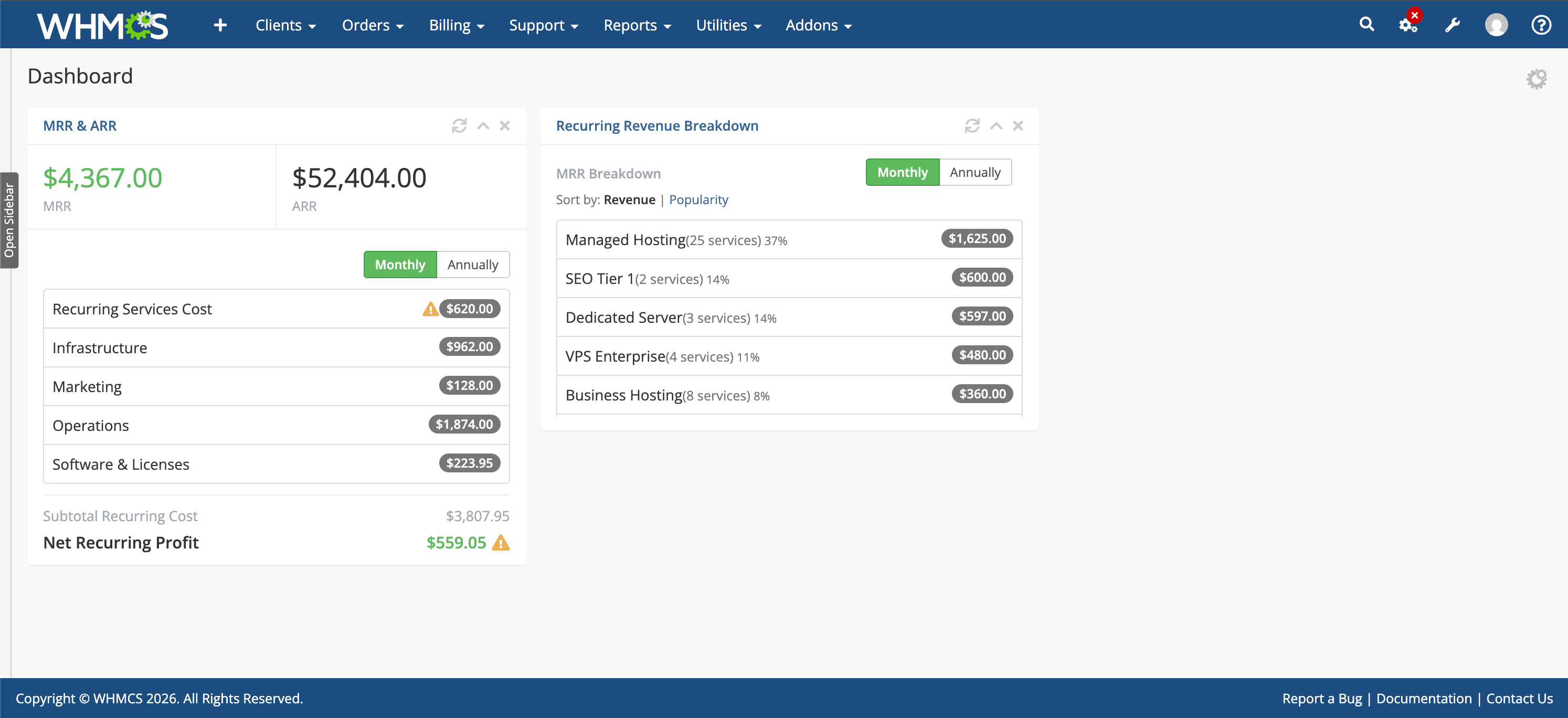 MRR and ARR widget showing revenue and costs breakdown
