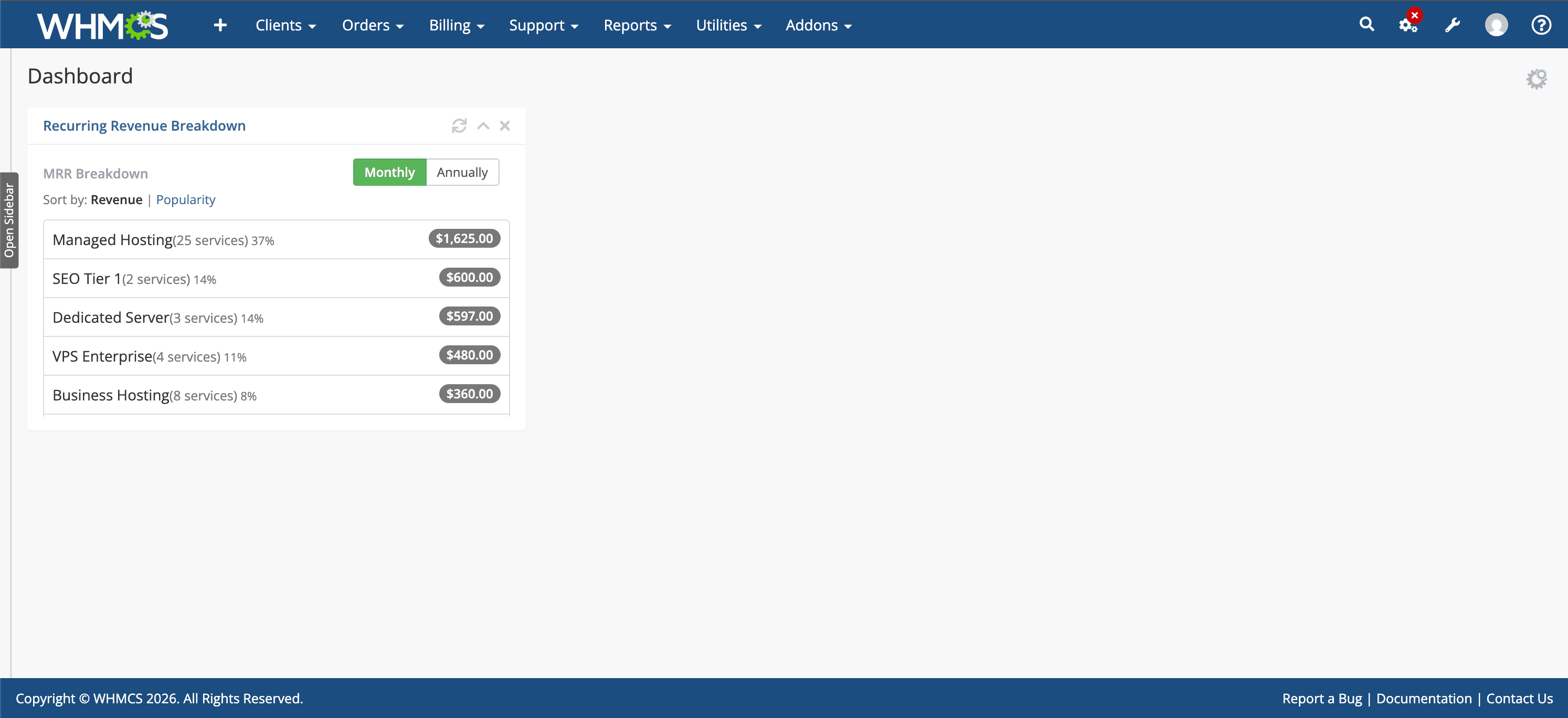 Revenue breakdown by product widget