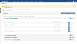 Cost management admin panel with expense groups: Infrastructure, Marketing, Operations, Software
