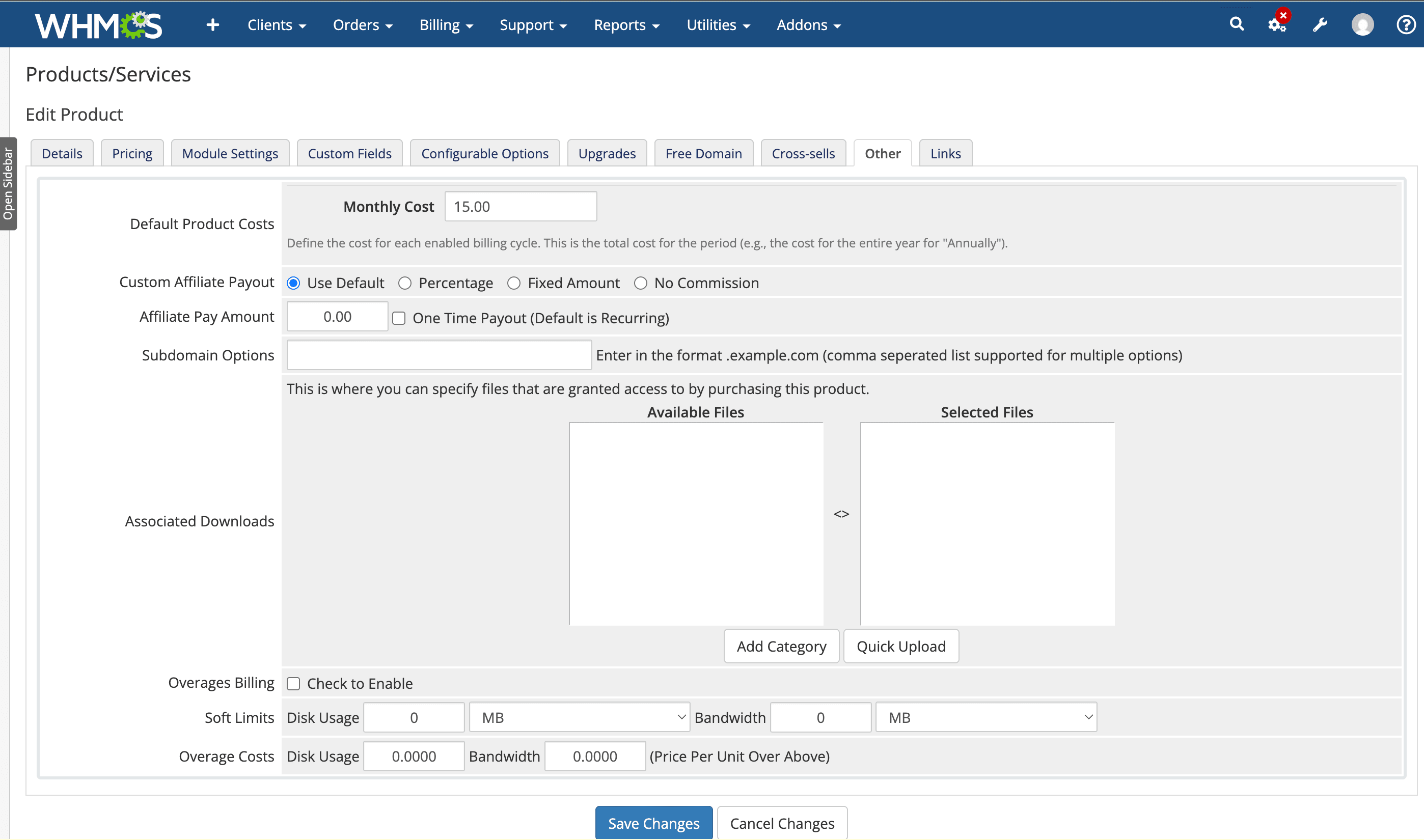 Product configuration showing Monthly Cost field
