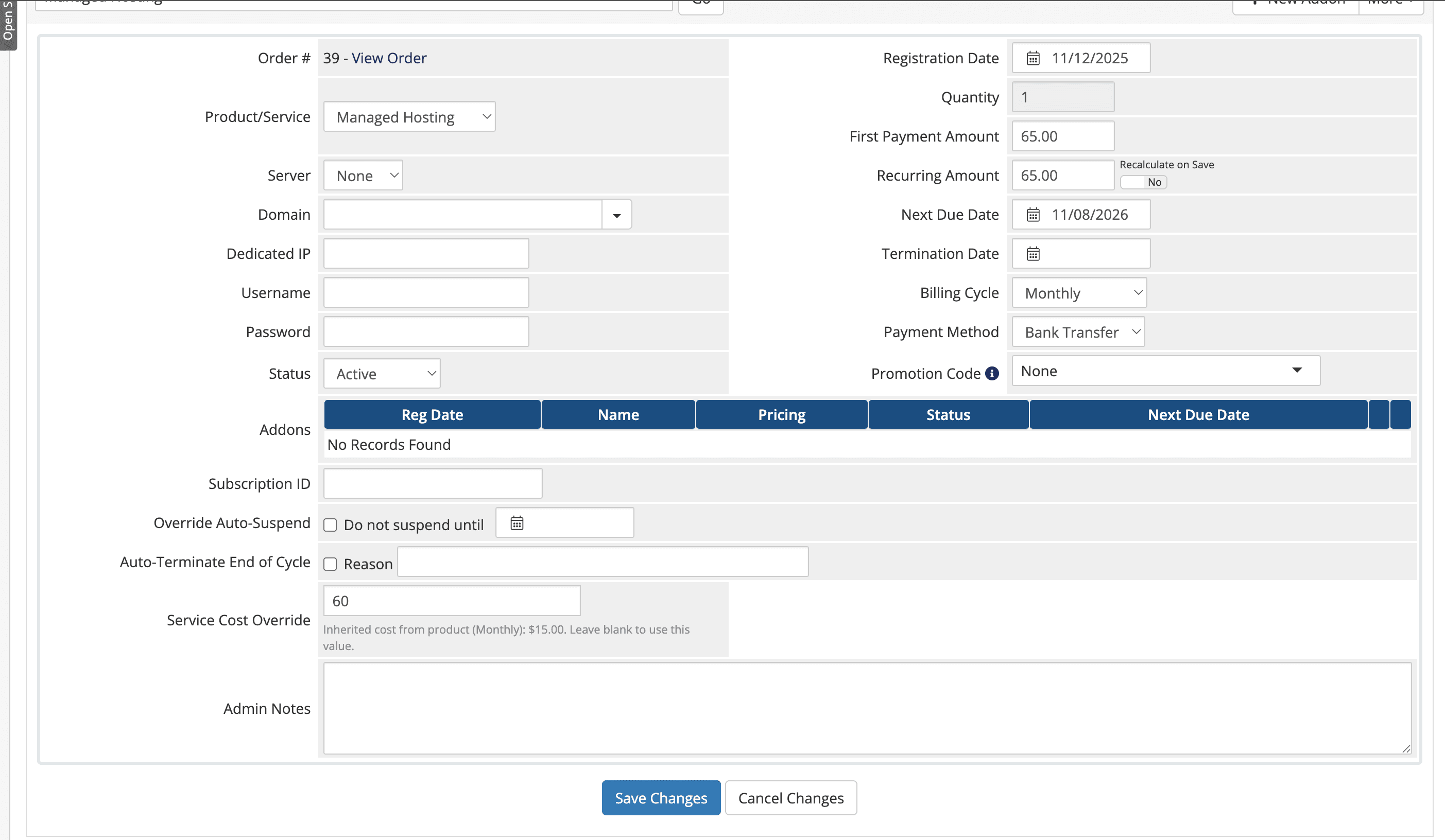 Service edit page showing cost override field