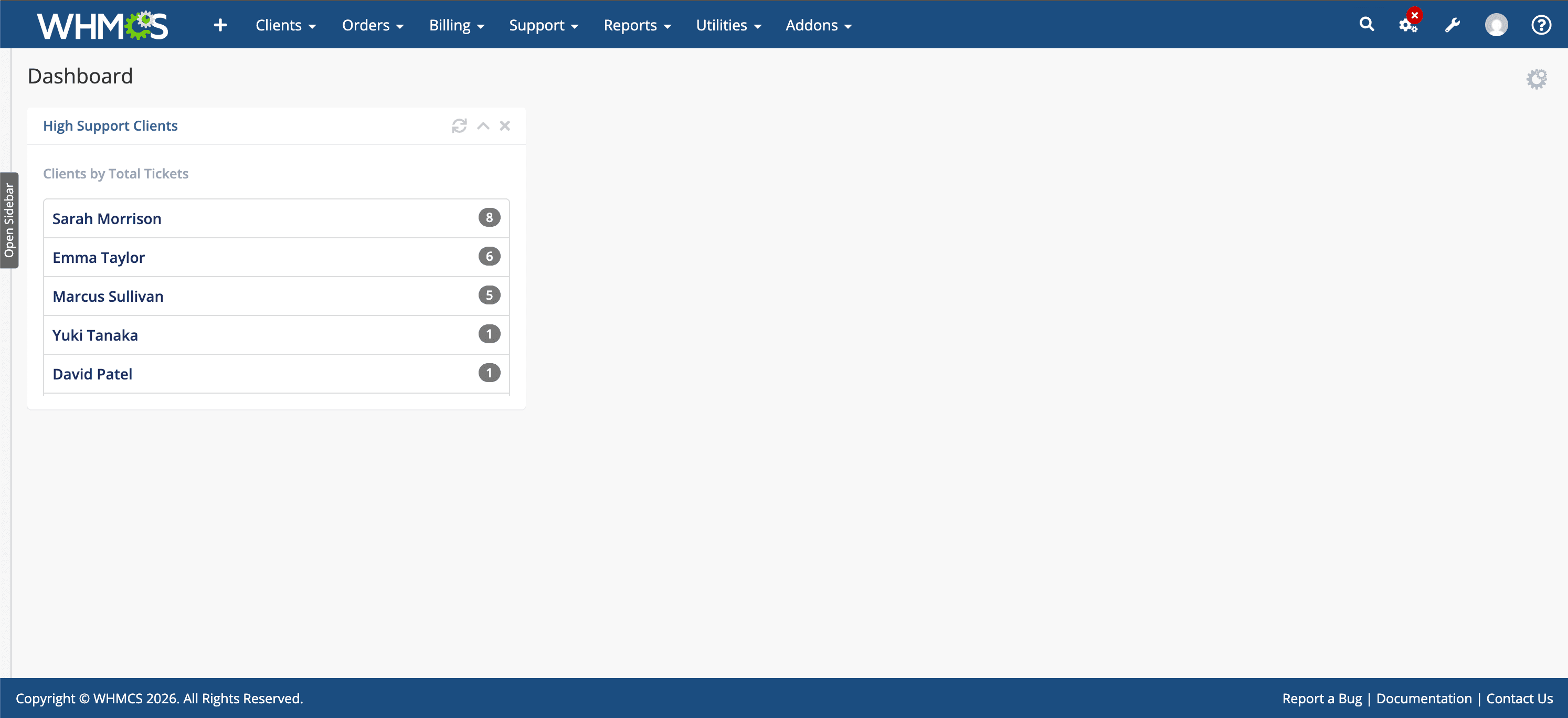 High support clients widget showing ticket counts
