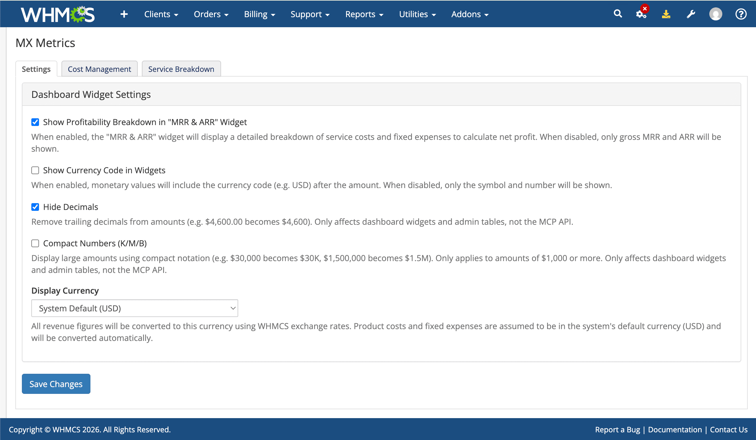 MX Metrics Settings tab showing display currency, compact numbers, hide decimals, and sample data options